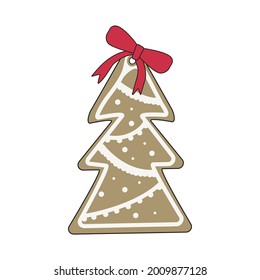 Happy New Year gingerbread with fir shaped frosting and a red bow. Festive decoration for Christmas tree. Sweets for the holiday