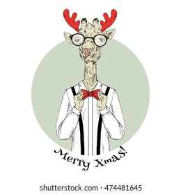 Happy New Year giraffe, anthropomorphic illustration, holidays character