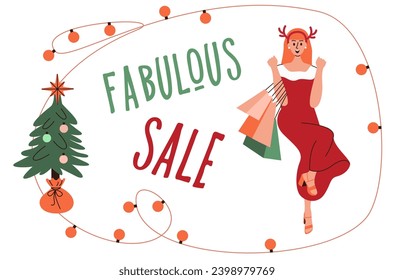 Happy new year to glad woman with shopping bags, Happy Christmas Day, banner template.