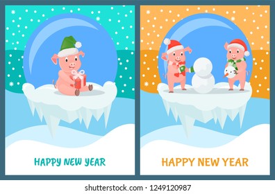 Happy New Year, glass bauble toys with piglets inside vector. Pigs building snowman with snow, winter activities. Snowing weather, animal with gift