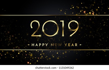 Happy New Year of glitter gold confetti. Vector golden glittering text and 2019 numbers with sparkle shine for Chirstams holiday greeting card on black background