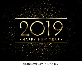 Happy New Year of glitter gold fireworks. Vector golden glittering text and 2019 numbers with sparkle shine for holiday greeting card