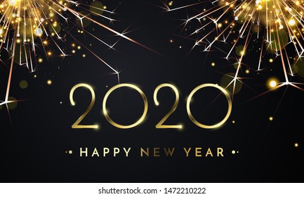 Happy New Year of glitter gold fireworks. Vector golden glittering text and 2020 numbers with sparkle shine for holiday greeting card