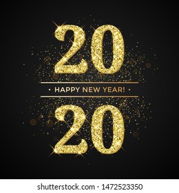 Happy New Year of glitter gold confetti or sparkle fireworks. Vector 2020 glittering text with sparkle shine for new year holiday premium black greeting card