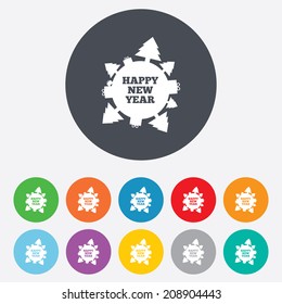 Happy new year globe sign icon. Gifts and trees symbol. Full rotation 360. Round colourful 11 buttons. Vector
