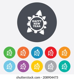 Happy new year globe sign icon. Gifts and trees symbol. Full rotation 360. Round colourful 11 buttons. Vector