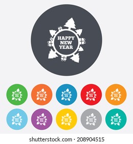 Happy new year globe sign icon. Gifts and trees symbol. Full rotation 360. Round colourful 11 buttons. Vector