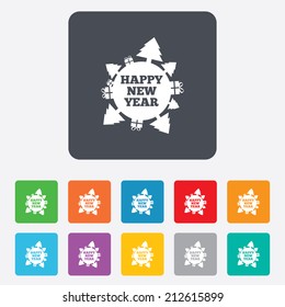 Happy new year globe sign icon. Gifts and trees symbol. Full rotation 360. Rounded squares 11 buttons. Vector