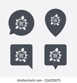 Happy new year globe sign icon. Gifts and trees symbol. Full rotation 360. Map pointers information buttons. Speech bubbles with icons. Vector