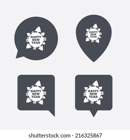 Happy new year globe sign icon. Gifts and trees symbol. Full rotation 360. Map pointers information buttons. Speech bubbles with icons. Vector