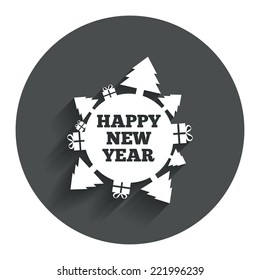 Happy new year globe sign icon. Gifts and trees symbol. Full rotation 360. Circle flat button with shadow. Modern UI website navigation. Vector
