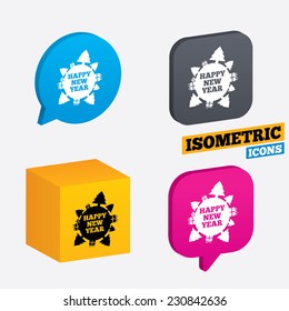 Happy new year globe sign icon. Gifts and trees symbol. Full rotation 360. Isometric speech bubbles and cube. Rotated icons with edges. Vector