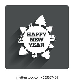 Happy new year globe sign icon. Gifts and trees symbol. Full rotation 360. Gray flat square button with shadow. Modern UI website navigation. Vector