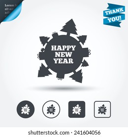 Happy new year globe sign icon. Gifts and trees symbol. Full rotation 360. Circle and square buttons. Flat design set. Thank you ribbon. Vector