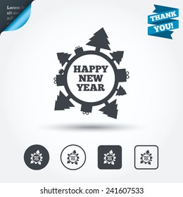 Happy new year globe sign icon. Gifts and trees symbol. Full rotation 360. Circle and square buttons. Flat design set. Thank you ribbon. Vector