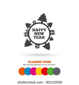 Happy new year globe sign icon. Gifts and trees symbol. Full rotation 360. Classic flat icon. Colored circles. Vector
