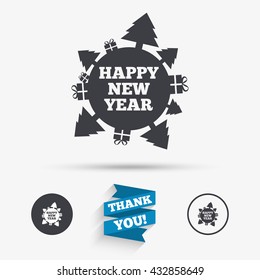 Happy new year globe sign icon. Gifts and trees symbol. Full rotation 360. Flat icons. Buttons with icons. Thank you ribbon. Vector