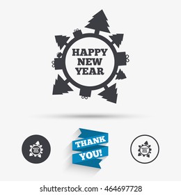 Happy new year globe sign icon. Gifts and trees symbol. Full rotation 360. Flat icons. Buttons with icons. Thank you ribbon. Vector