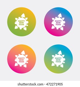Happy new year globe sign icon. Gifts and trees symbol. Full rotation 360. Gradient flat buttons with icon. Modern design. Vector