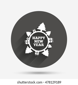Happy new year globe sign icon. Gifts and trees symbol. Full rotation 360. Circle flat button with shadow. Vector