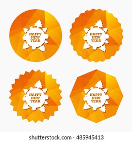 Happy new year globe sign icon. Gifts and trees symbol. Full rotation 360. Triangular low poly buttons with flat icon. Vector