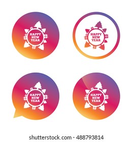 Happy new year globe sign icon. Gifts and trees symbol. Full rotation 360. Gradient buttons with flat icon. Speech bubble sign. Vector