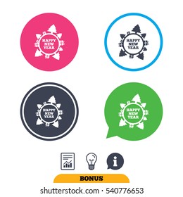 Happy new year globe sign icon. Gifts and trees symbol. Full rotation 360. Report document, information sign and light bulb icons. Vector