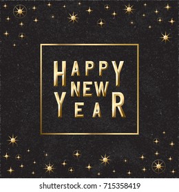 Happy New Year Glossy Chiseled Handcrafted Logo Lettering Composition In Square Frame among Stars - Golden Elements on Black Rough Paper Background - Vector Graphic Design