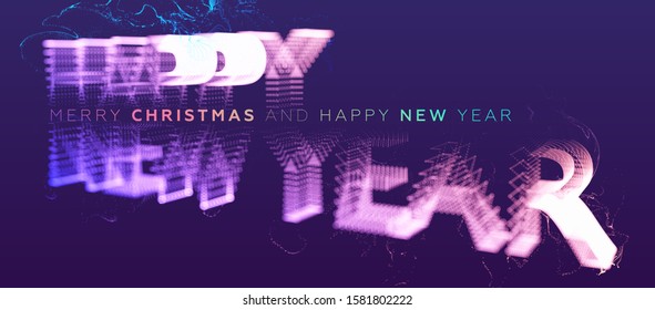 Happy New Year glowing particles liquid dynamic flow for Christmas holiday poster or placard. Trendy fluid cover design. Eps10 vector illustration