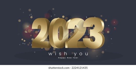 A Happy New Year gold 3Ds Letters designs on dark background with nice BOKEH light effects around 2023 for next year.