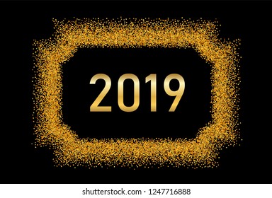 Happy New Year gold background. Golden number, frame, isolated black. Glitter, light sparkle, shimmer, shine confetti. Design Christmas greeting card, holiday celebration, party Vector illustration