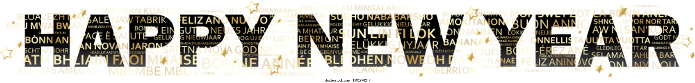 HAPPY NEW YEAR gold and black word cloud banner with translations into many languages