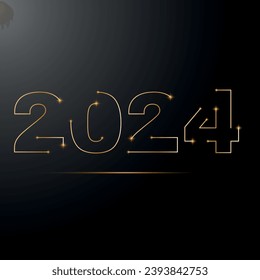 Happy New Year gold card for 2024. Dark line numbers.  vector banner