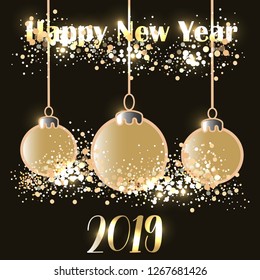 Happy New Year with gold christmas balls and gold sparkles. Vector illustration on black background. Eps10