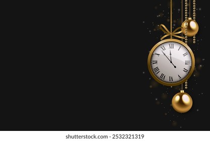 Happy New Year Gold decorations, gold clock, Christmas balls and confetti on a black background