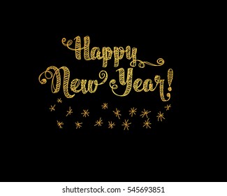 Happy New Year Gold Embroidery Style. Vector illustration on black background