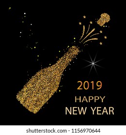 Happy new year. Gold glitter 2019. Champagne icon. Silhouette of a champagne bottle. Vector illustration.