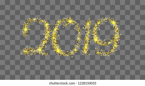 Happy new year. Gold glitter 2019. Golden background for flyer, poster, sign, banner, web, header. Abstract yellow symbol text, type, quote. Light blur backdrop. Christmas sparkle party logo vector