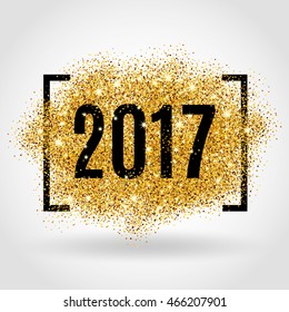 Happy new year. Gold glitter New Year. Golden background for flyer, poster. Sign symbol. Banner, web, header. Abstract golden backdrop for text. Type quote. Gold blur background.
