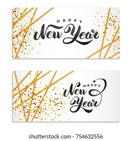 Happy New Year Gold Glitter. Gold Sparkles Print Logotype, 2018 Party, Congratulation, Greeting Card, Golden Decorations For Happy New Year, Merry Christmas. Happy New Year Event