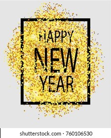 Happy new year. Gold glitter 2022. Golden background for flyer, poster, sign, banner, web, header. Abstract yellow symbol text, type, quote. Light blur backdrop. Christmas sparkle party logo vector