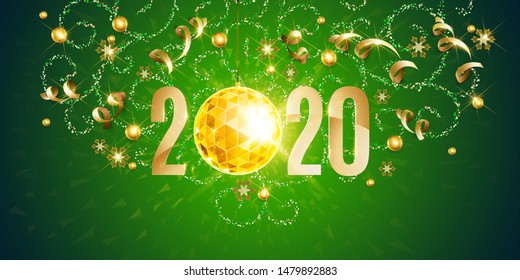 Happy New Year, gold. Greeting card with golden text 2020 with christmas ball. Background, banner, poster. Vector Illustration of happy new year 2020 and gold elements