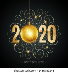 Happy New Year, gold. Greeting card with golden text 2020 with christmas ball. Background, banner, poster. Vector Illustration of happy new year 2020 and gold elements