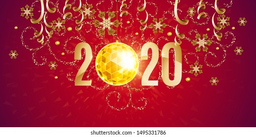 Happy New Year, gold. Greeting card with golden text 2020 with christmas ball. Background, banner, poster. Vector Illustration of happy new year 2020 and gold elements