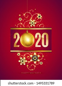 Happy New Year, gold. Greeting card with golden text 2020 with christmas ball. Background, banner, poster. Vector Illustration of happy new year 2020 and gold elements