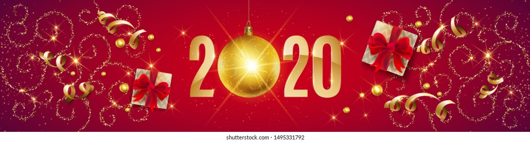 Happy New Year, gold. Greeting card with golden text 2020 with christmas ball. Background, banner, poster. Vector Illustration of happy new year 2020 and gold elements