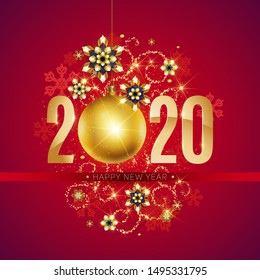 Happy New Year, gold. Greeting card with golden text 2020 with christmas ball. Background, banner, poster. Vector Illustration of happy new year 2020 and gold elements