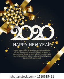 Happy New Year, gold. Greeting card with 2020 with christmas ball. Background, banner, poster. Vector Illustration of happy new year 2020 and gold elements