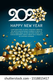 Happy New Year, gold. Greeting card with 2020 with christmas ball. Background, banner, poster. Vector Illustration of happy new year 2020 and gold elements