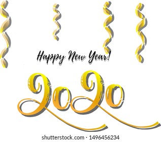 Happy New Year gold lettering text for greeting card. Holiday luxury golden design on white background. Vector illustration